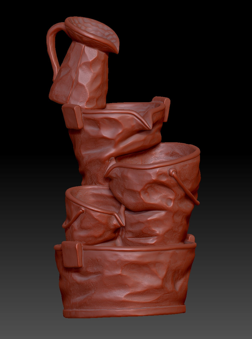 Stacking buckets and flowing water to create scenery