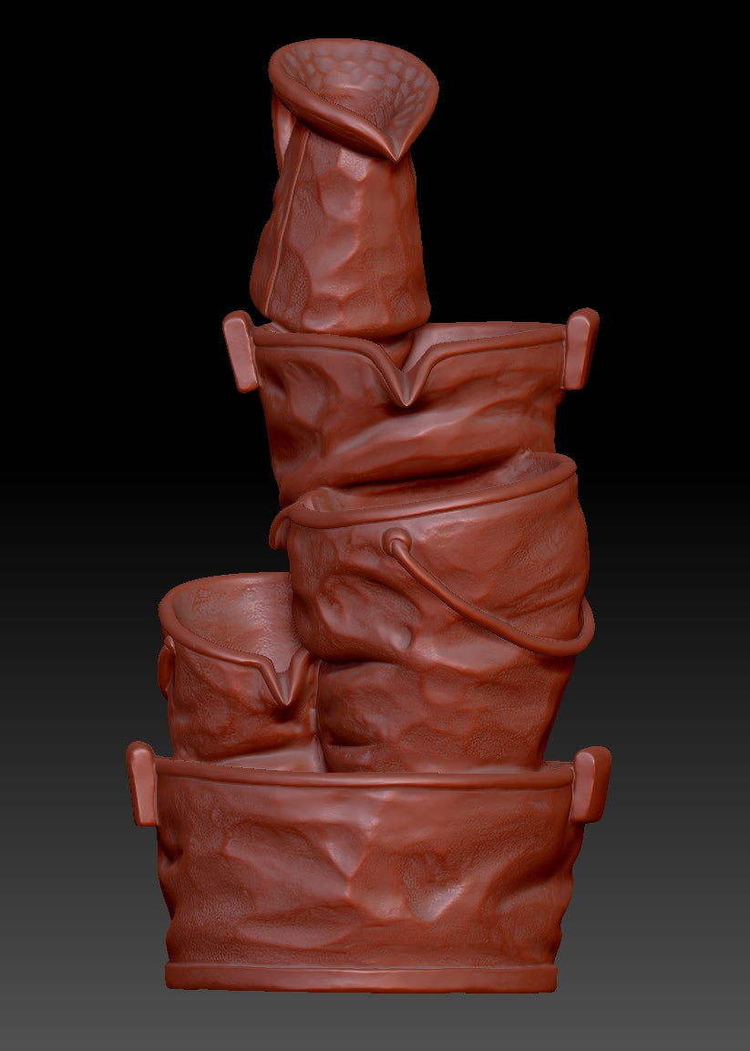 Stacking buckets and flowing water to create scenery