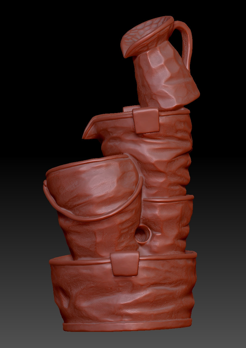 Stacking buckets and flowing water to create scenery