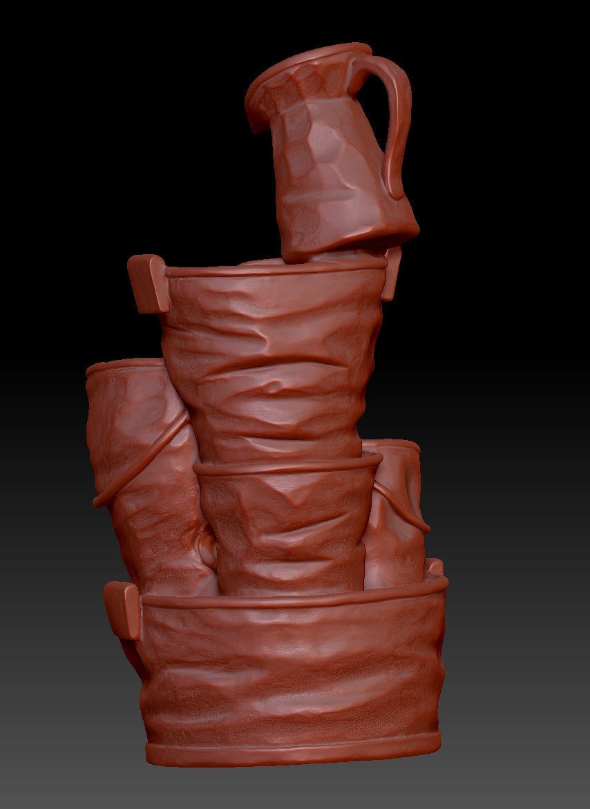 Stacking buckets and flowing water to create scenery