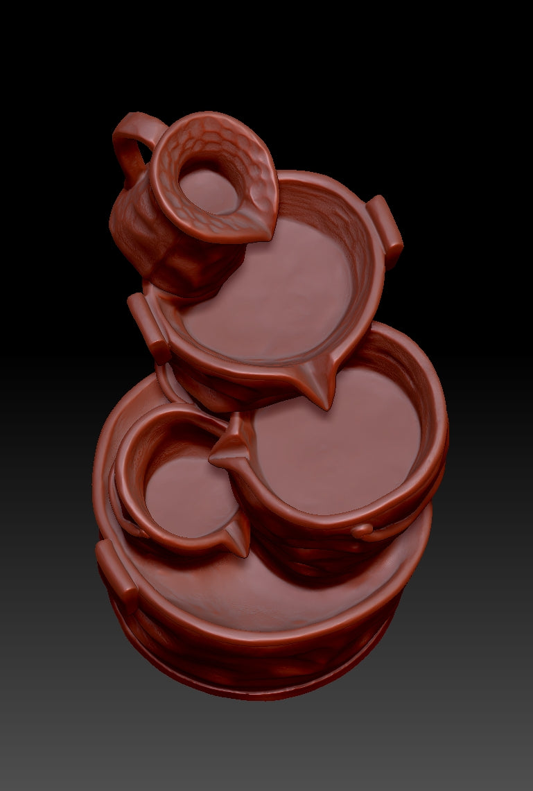 Stacking buckets and flowing water to create scenery