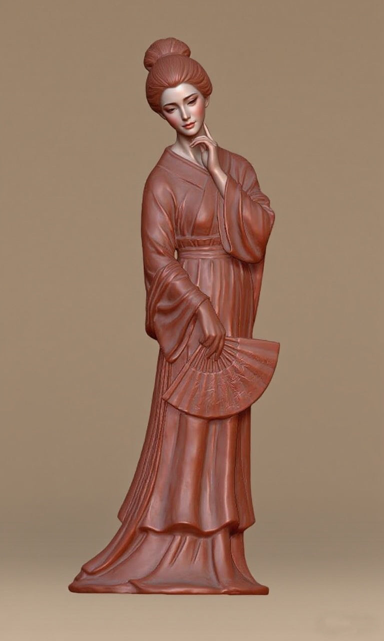 A lady holding a folding fan