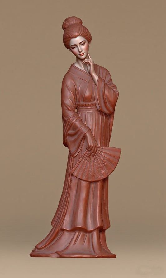 A lady holding a folding fan