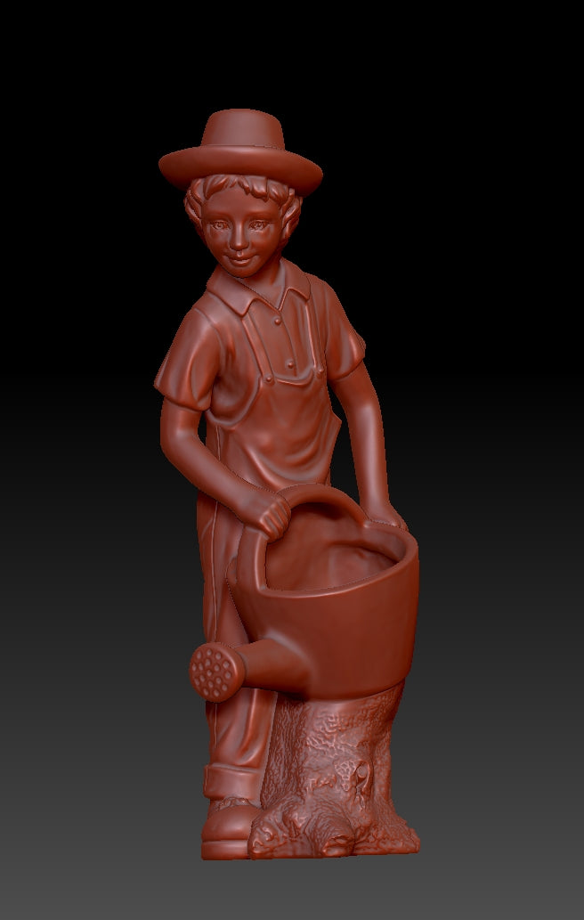 The boy wearing a hat is watering the flowers