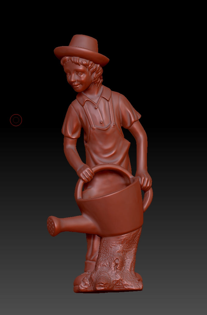 The boy wearing a hat is watering the flowers