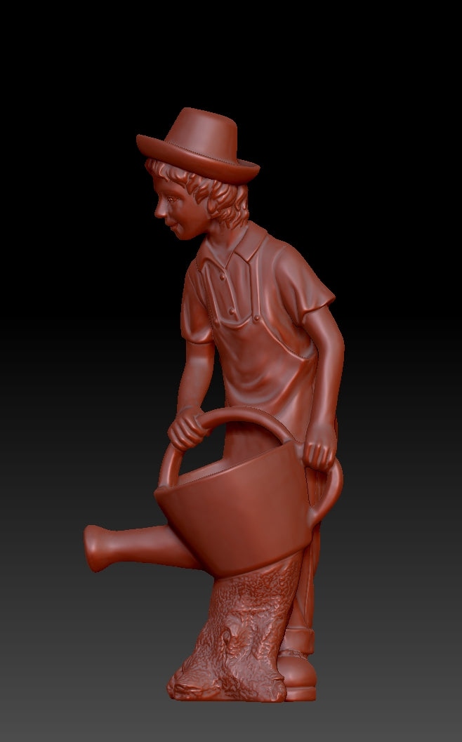 The boy wearing a hat is watering the flowers