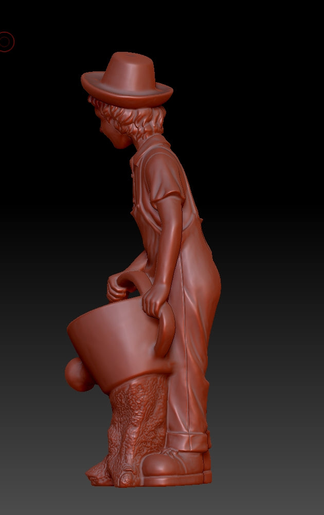 The boy wearing a hat is watering the flowers