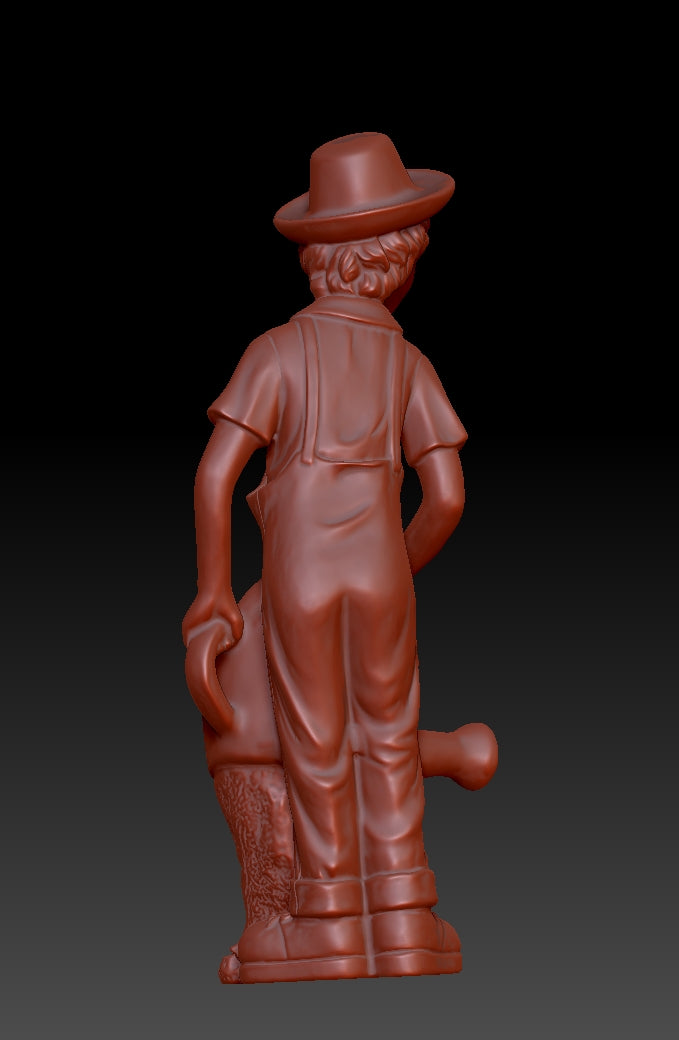 The boy wearing a hat is watering the flowers