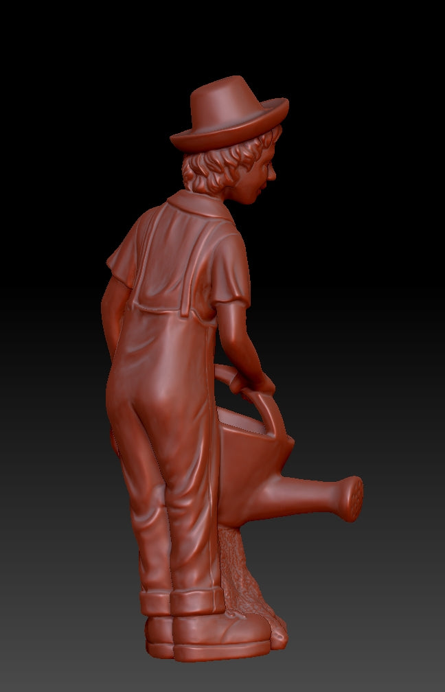 The boy wearing a hat is watering the flowers