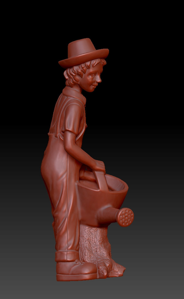 The boy wearing a hat is watering the flowers