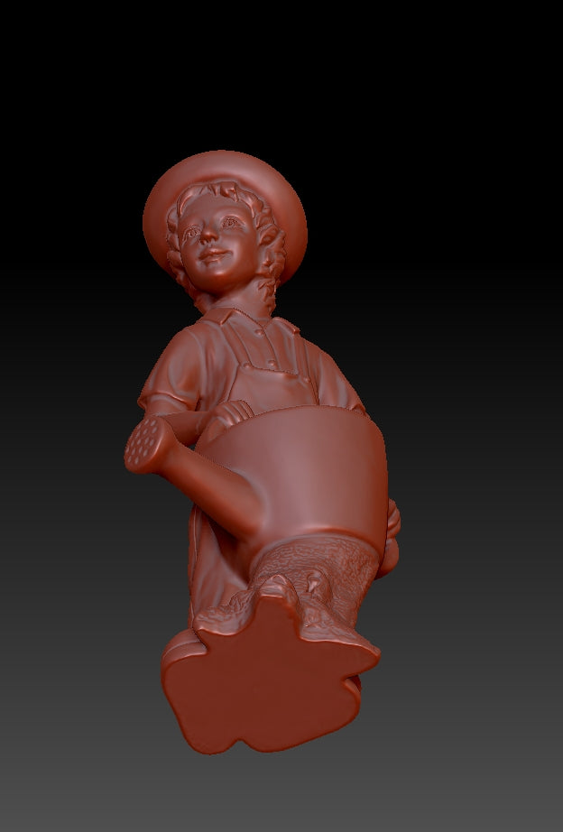 The boy wearing a hat is watering the flowers